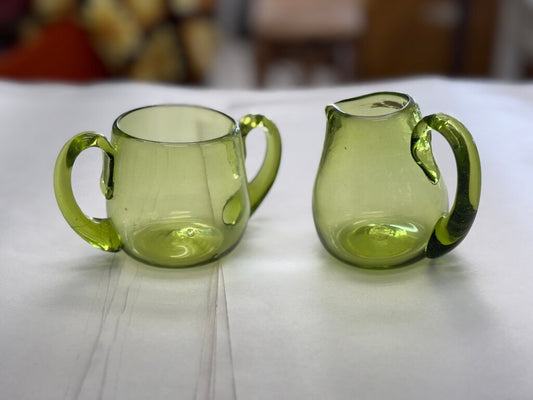 Vintage Green Glass Creamer and Sugar Set