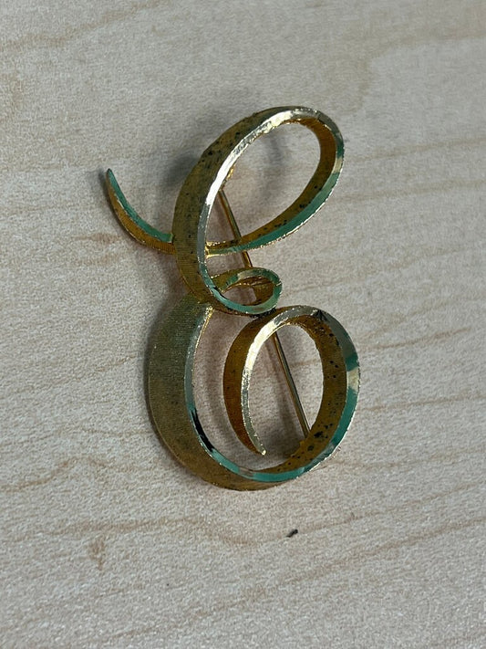 Gold Tone Cursive Letter E Brooch
