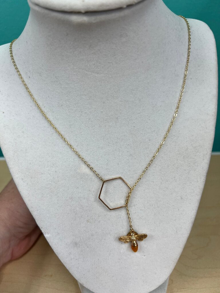 Bee Pendant Necklace with Hexagon Charm