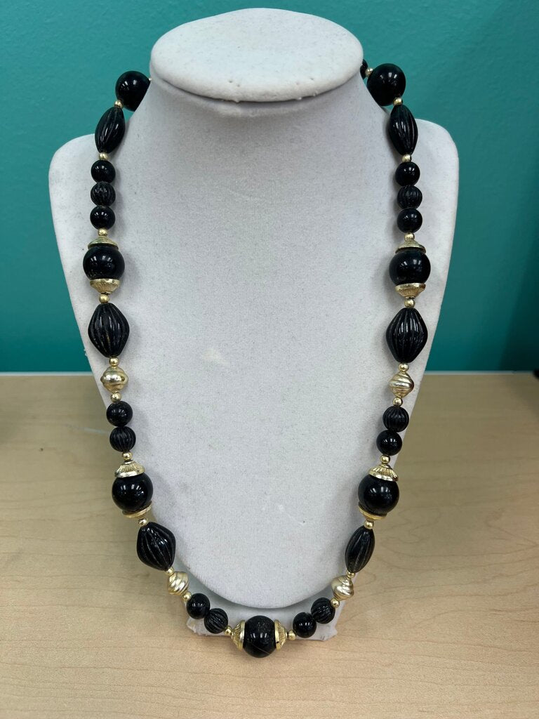 Black Beaded Necklace with Gold Accents