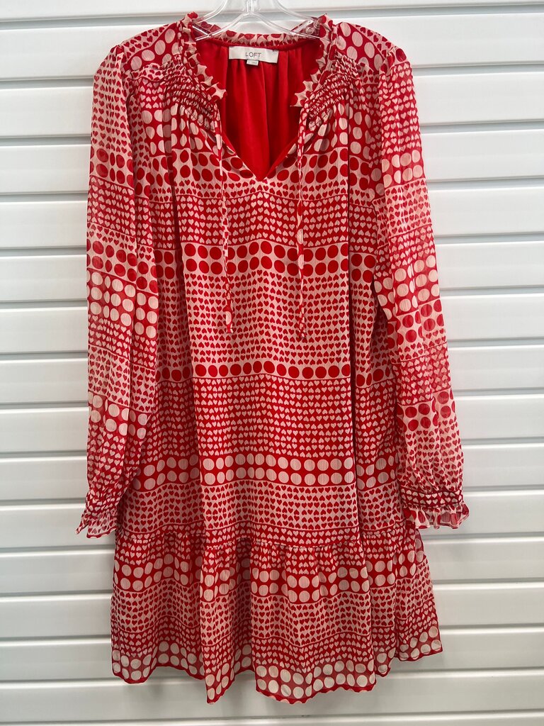 Ann Taylor Loft Red & White Romantic Heart Tie-Neck Dress L