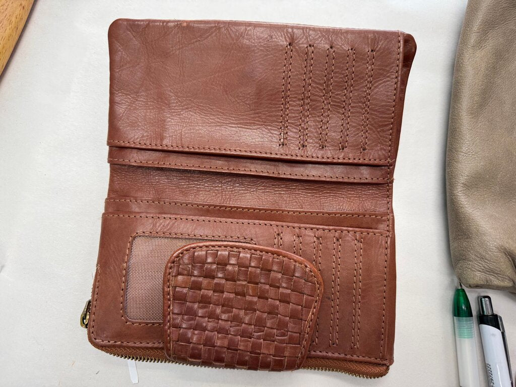 Brown Leather Wallet with Woven Detail