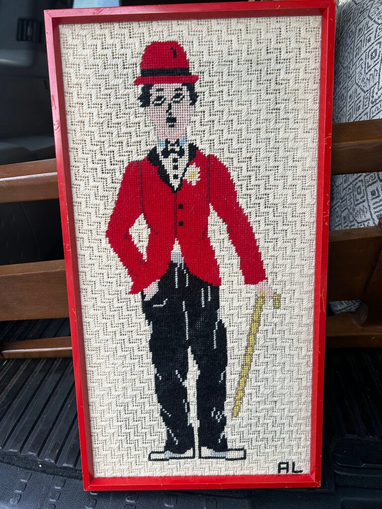 Vintage Chaplin-Style Tramp Needlepoint, Framed
