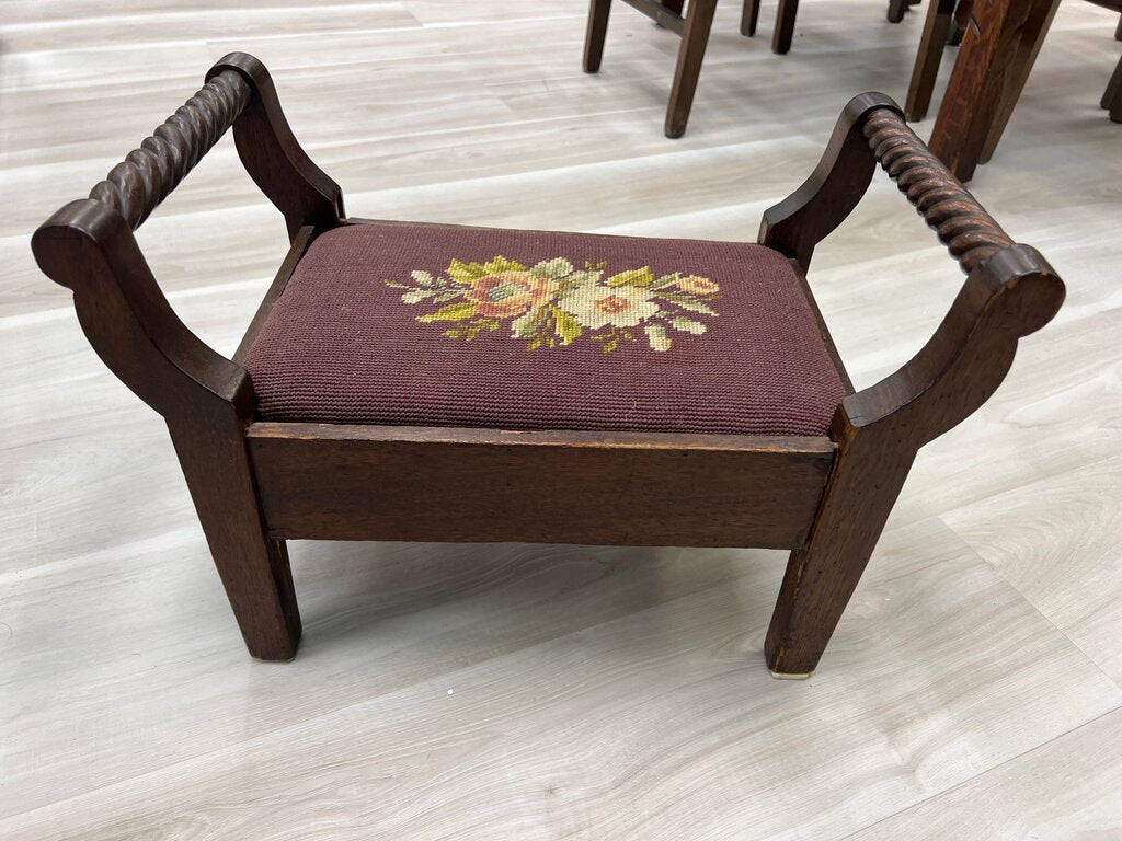 Antique Needlepoint Footstool Rope Twist Handles
