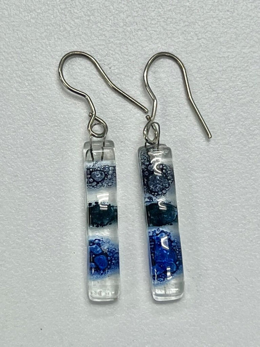 Handmade Glass Earrings with Blue and White Design