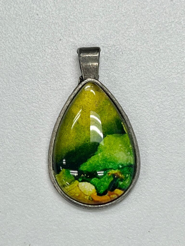 Teardrop Art Pendant with Green and Yellow Design