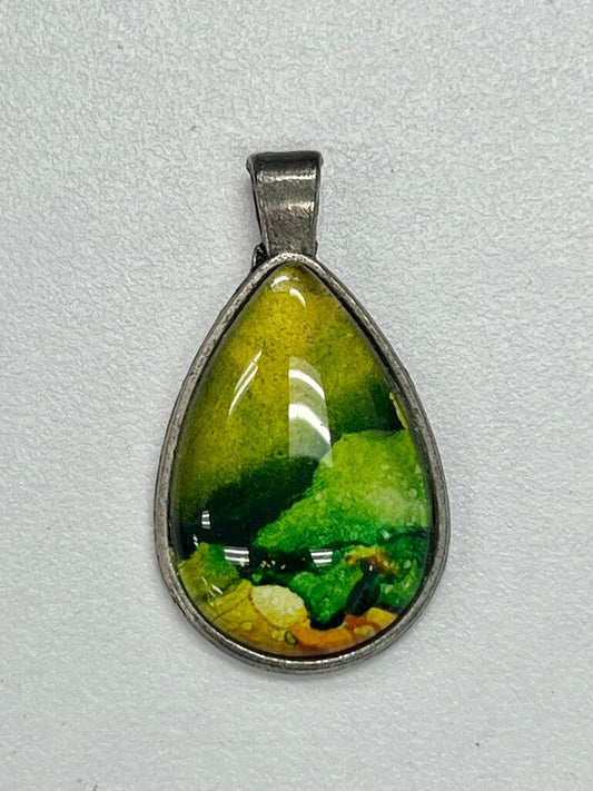 Teardrop Art Pendant with Green and Yellow Design