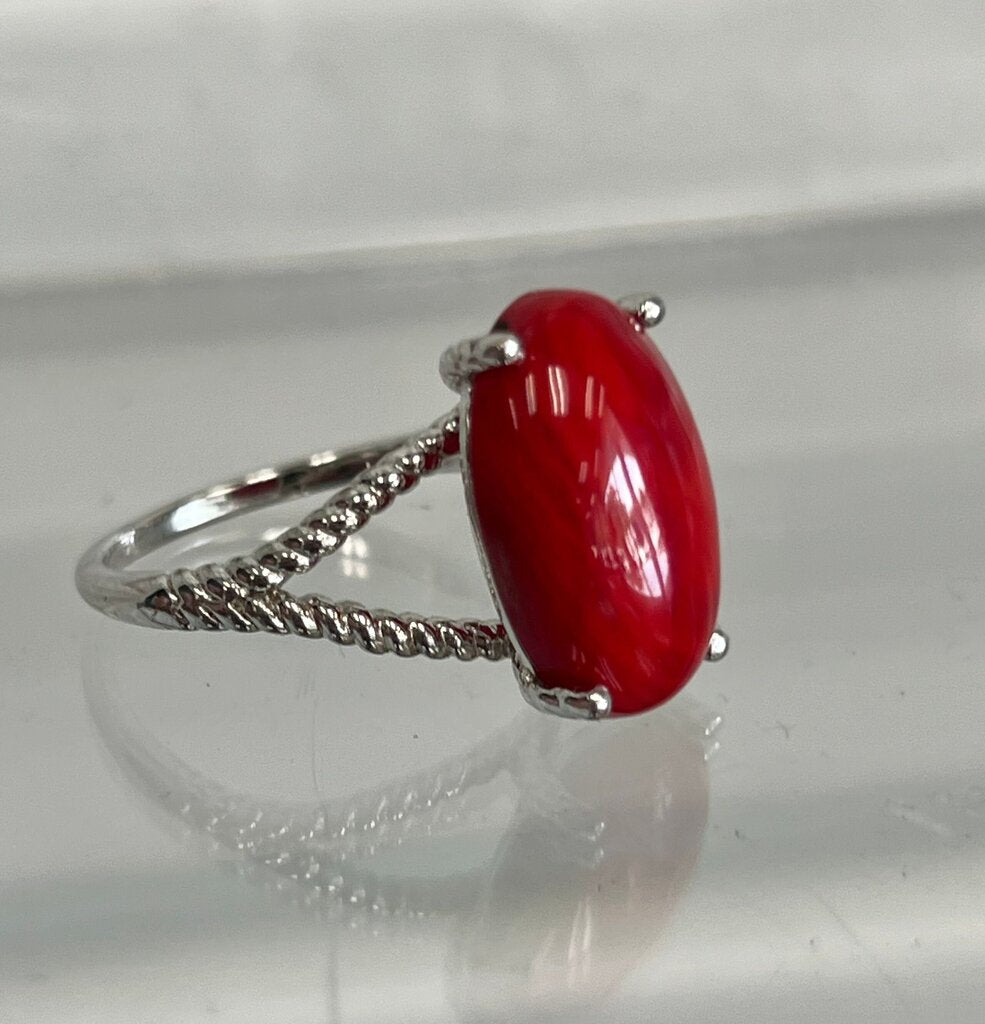 Sterling Silver Red Coral Cabochon Ring