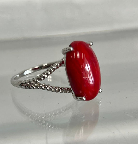 Sterling Silver Red Coral Cabochon Ring