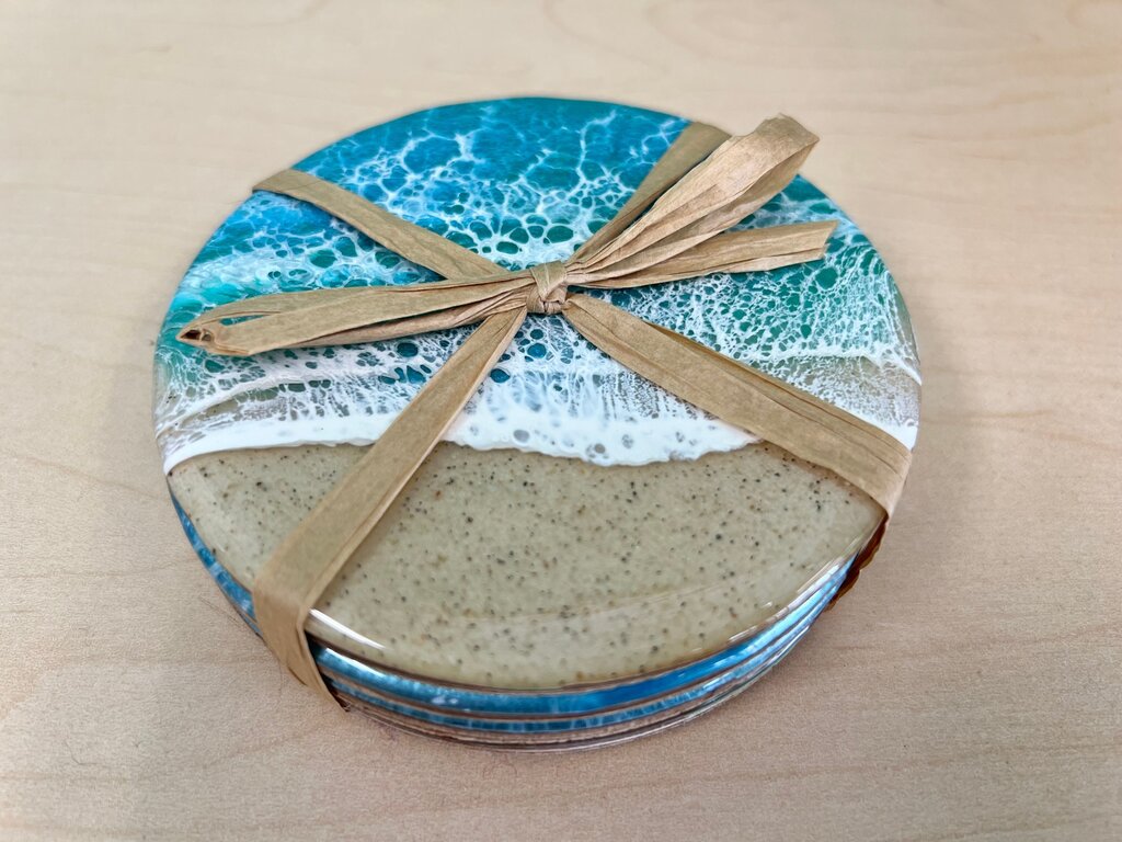 Handmade Resin Ocean Wave Coasters, Set of 4