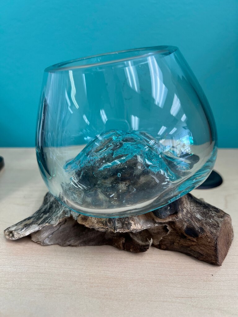 Balinese Hand-Blown Molten Glass Bowl on Driftwood Base
