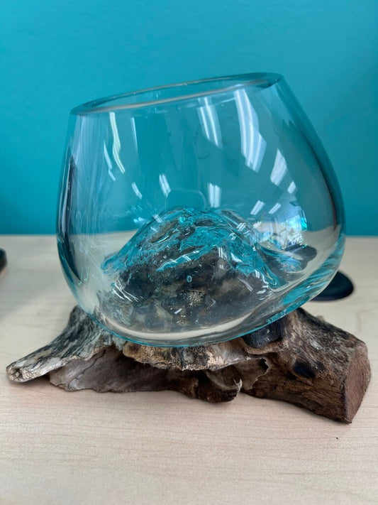 Balinese Hand-Blown Molten Glass Bowl on Driftwood Base