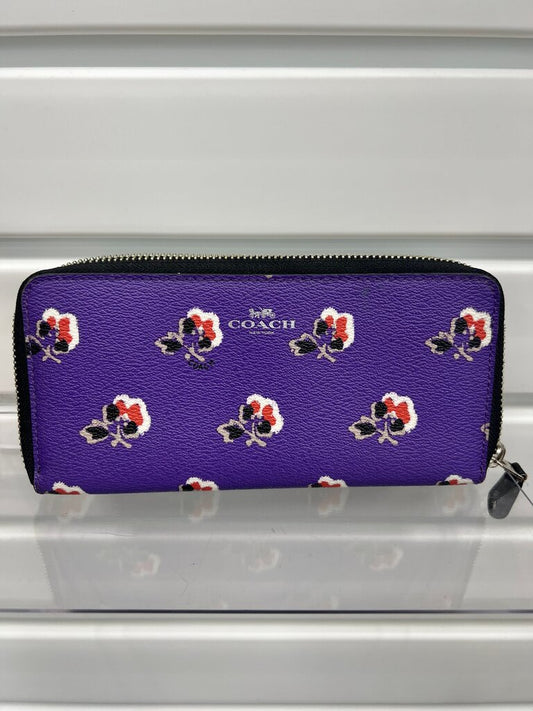 Coach Purple Floral Print Zip-Around Wallet Canvas Leather Trim