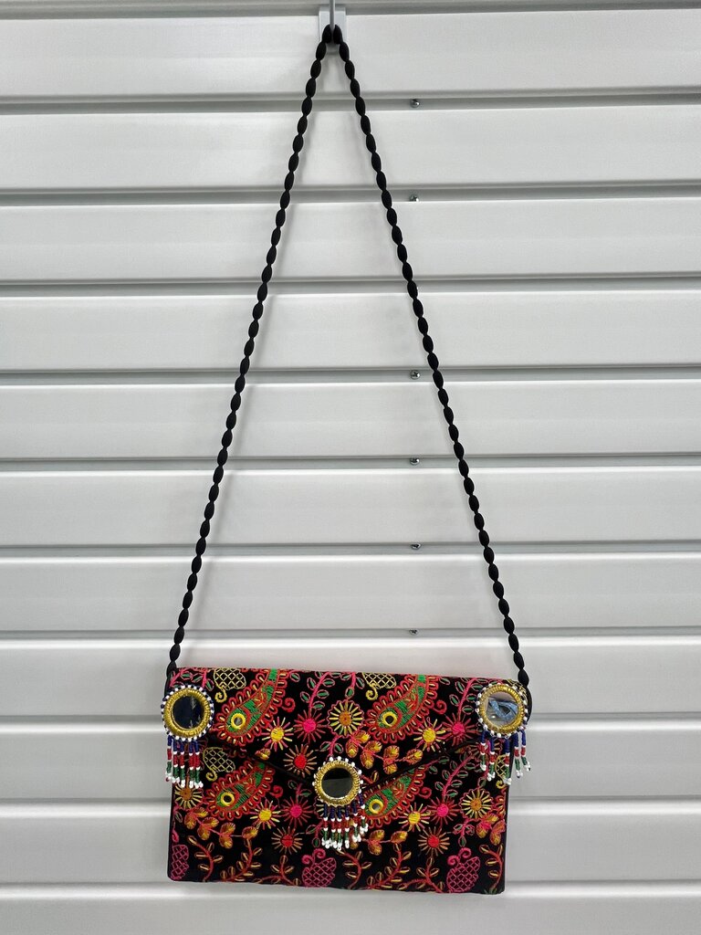 Handmade Indian Banjara-Style Black Multicolor Mirror-Work Embroidered Crossbody Clutch