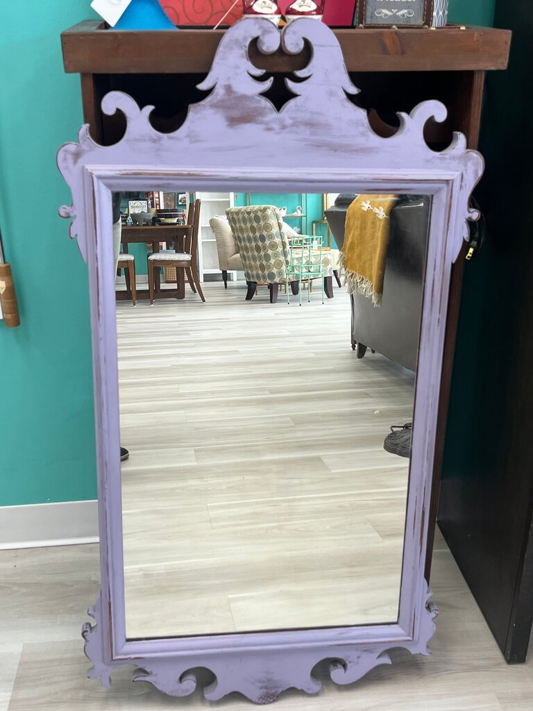 Vintage Chippendale-Style Wood Wall Mirror Painted Distressed Lavender