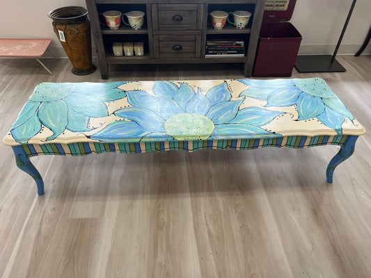 Vintage Bassett Furniture Hand-Painted Blue Flower Coffee Table
