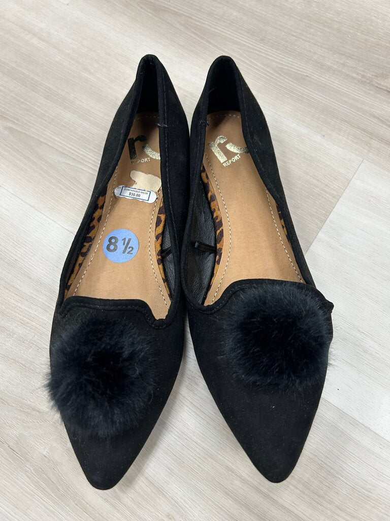 Black Pointed Toe Flats with Pom Poms