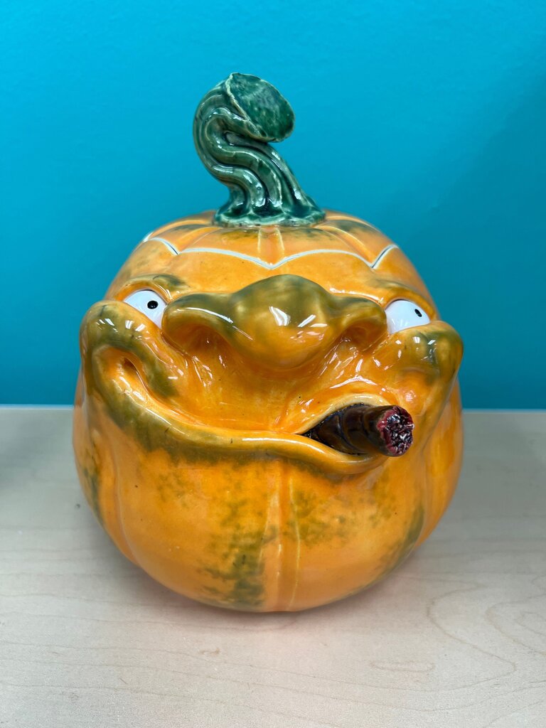 Claymonster Pottery Signed Cigar-Smoking Pumpkin