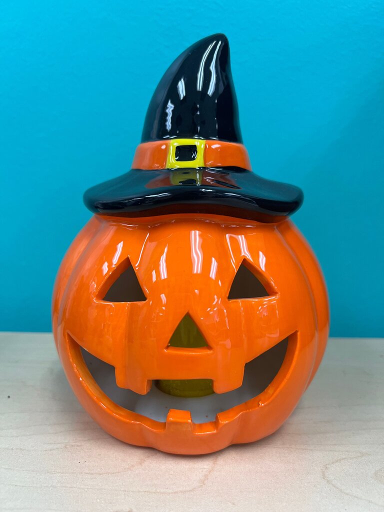 Ceramic Halloween Jack o Lantern, Hand Painted 12-Inch Pre-Lit LED Pumpkin