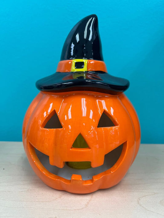 Ceramic Halloween Jack o Lantern, Hand Painted 12-Inch Pre-Lit LED Pumpkin