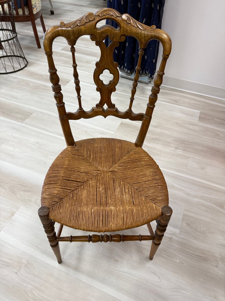 Antique Wooden Chair with woven rush seat (slightly wobbly)