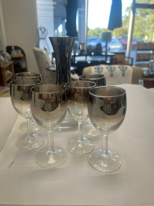 Set of 6 vintage MCM silver-fade ombre wine glasses w/decanter