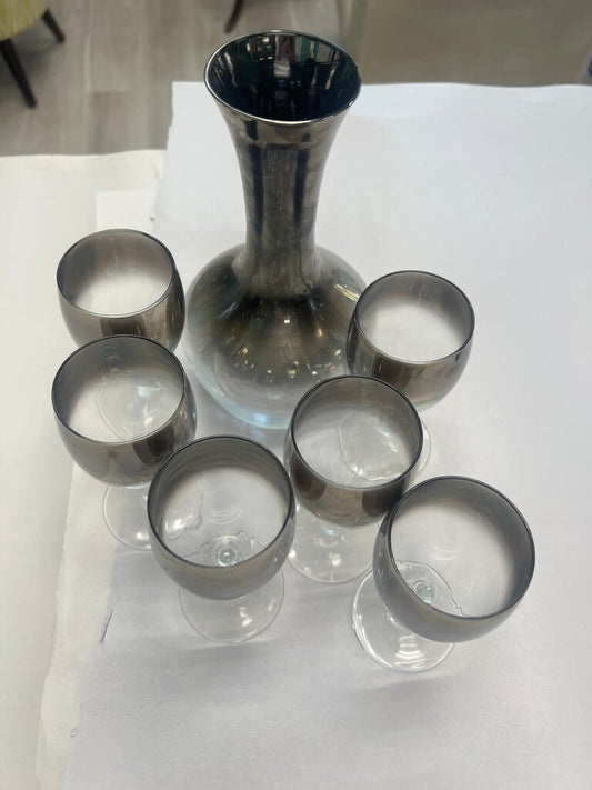 Set of 6 vintage MCM silver-fade ombre wine glasses w/decanter