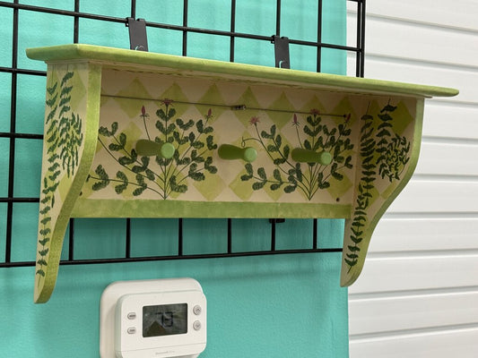 Decorative Coat Hook Wall Shelf with Green Floral Design