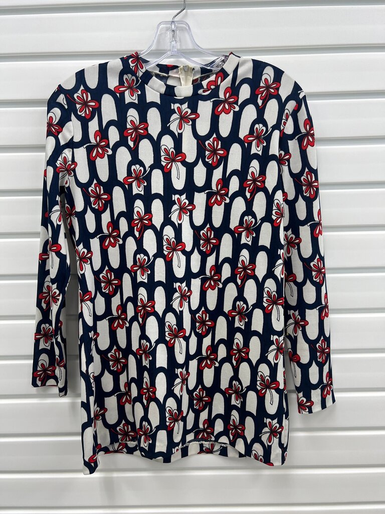 Vintage Navy Floral Print Long Sleeve Polyester Top