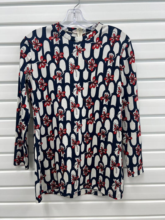 Vintage Navy Floral Print Long Sleeve Polyester Top