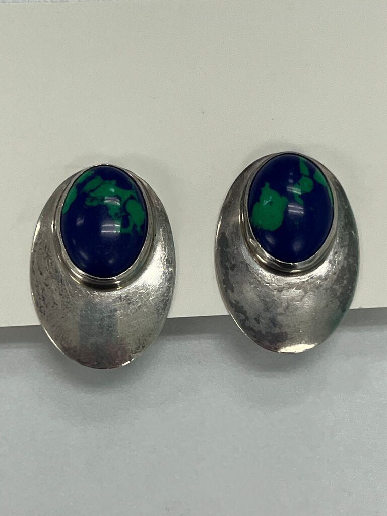Sterling Silver Azurite-Malachite Oval Clip-On Earrings