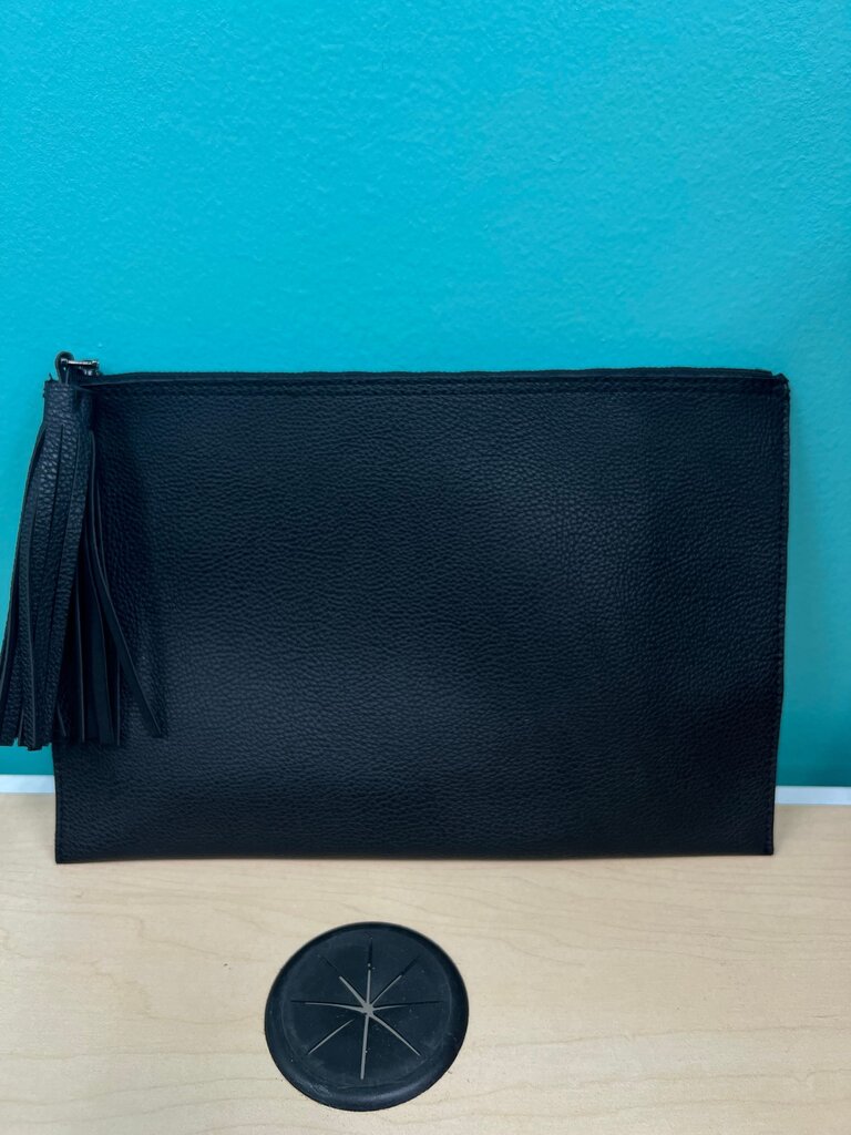 Parker Black Pebbled Leather Zip Clutch Pouch with Tassel