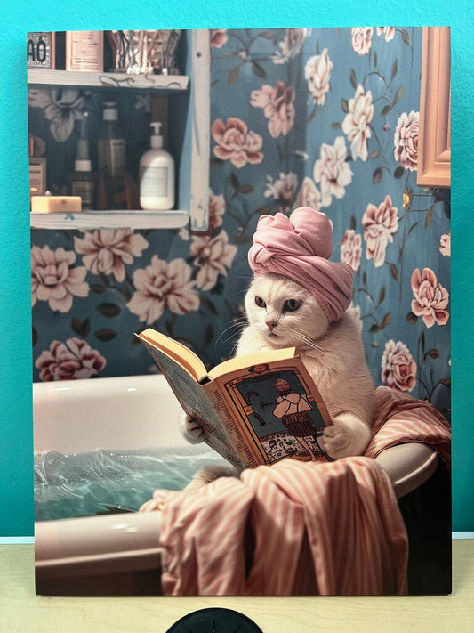 Cat Reading in Bathtub Art Print