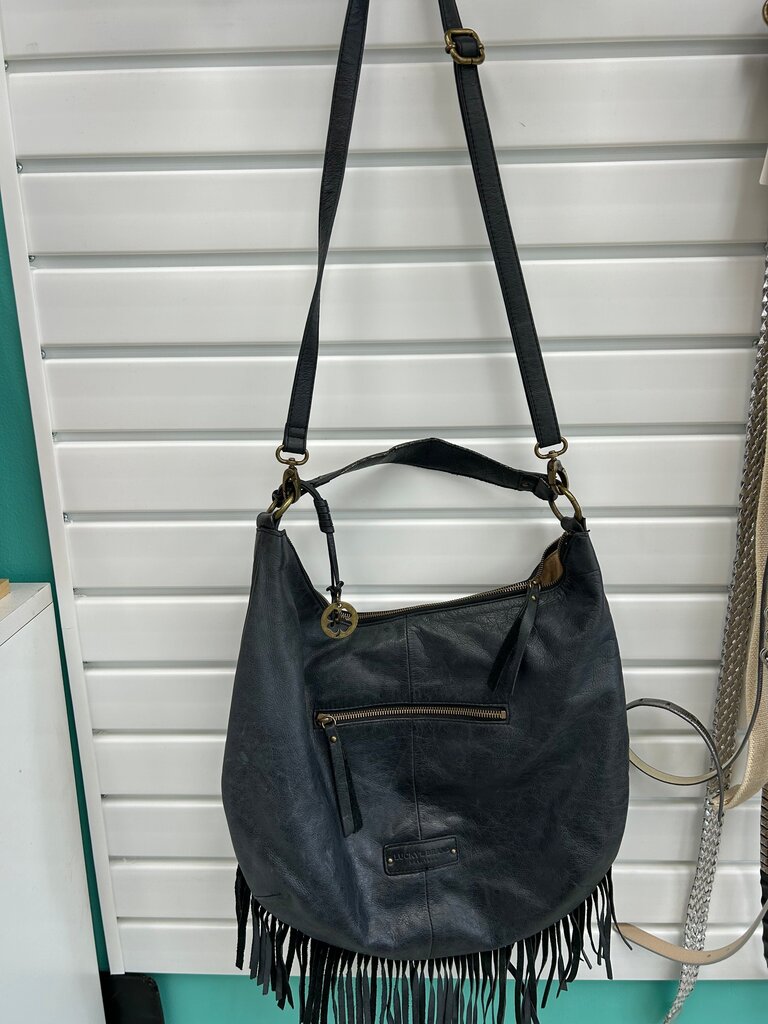 Lucky Brand Black Faux Leather Hobo Bag with Fringe