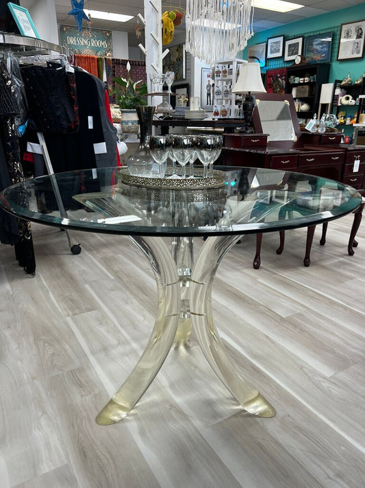 Charles Hollis Jones Tusk Pedestal Dining Table Base with Clear Beveled Glass Top