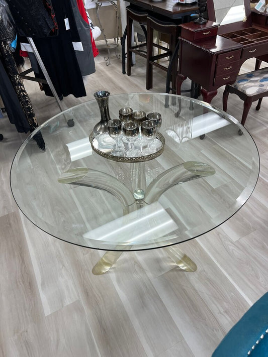 Charles Hollis Jones Tusk Pedestal Dining Table Base with Clear Beveled Glass Top