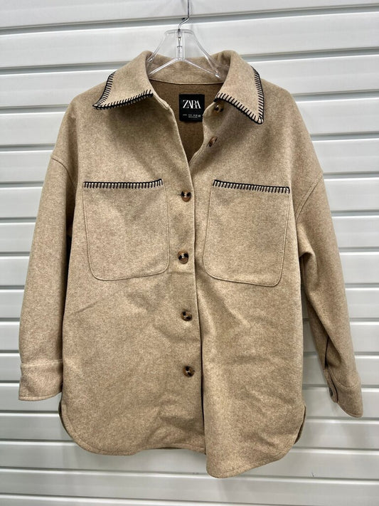 Zara Oatmeal Blanket Stitch Oversized Shacket Shirt Jacket Women's S