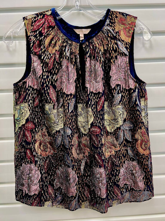 Rebecca Taylor Navy Metallic Floral Jacquard Velvet Trim Sleeveless Top Size 2
