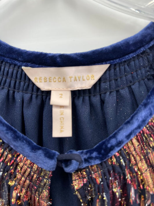 Rebecca Taylor Navy Metallic Floral Jacquard Velvet Trim Sleeveless Top Size 2