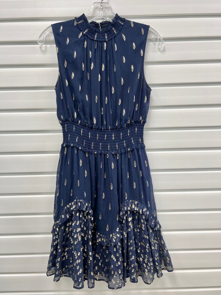 Rebecca Taylor Navy Gold Metallic Feather Clip Smocked Ruffle Mini Dress Size 2