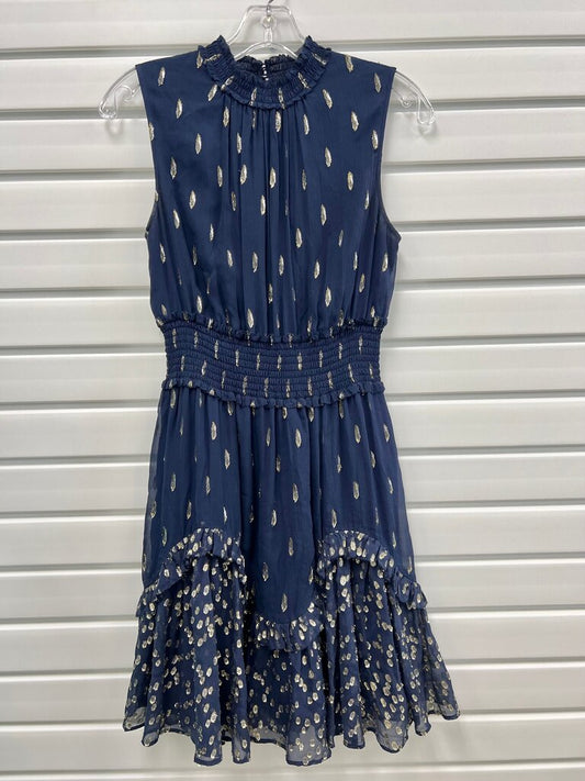 Rebecca Taylor Navy Gold Metallic Feather Clip Smocked Ruffle Mini Dress Size 2