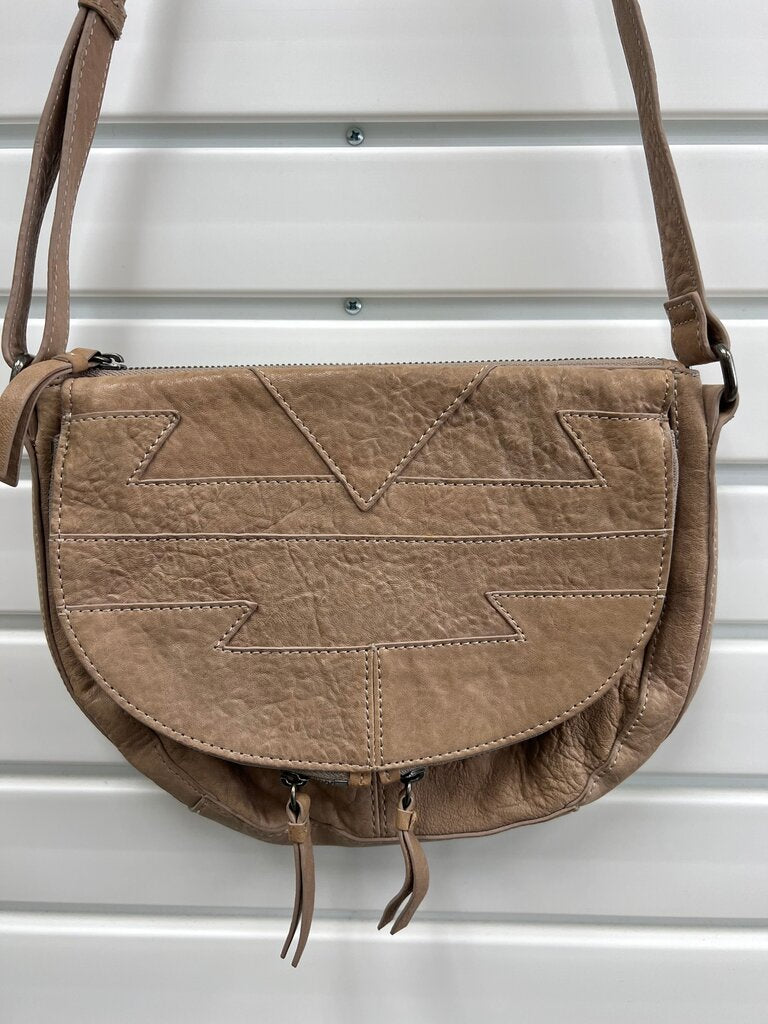 Lucky Brand Taupe Washed Leather Geometric Saddle Crossbody Bag