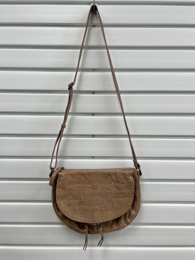 Lucky Brand Taupe Washed Leather Geometric Saddle Crossbody Bag