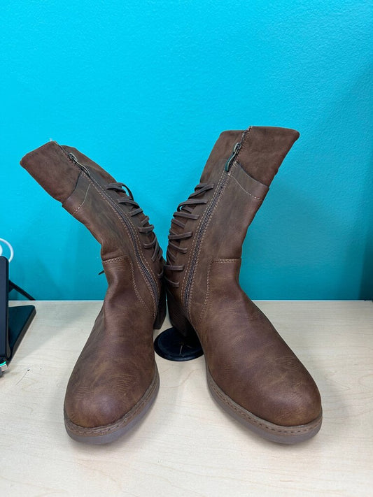 Limelight Brown Distressed Faux Leather Back Lace-Up Mid-Calf Boots