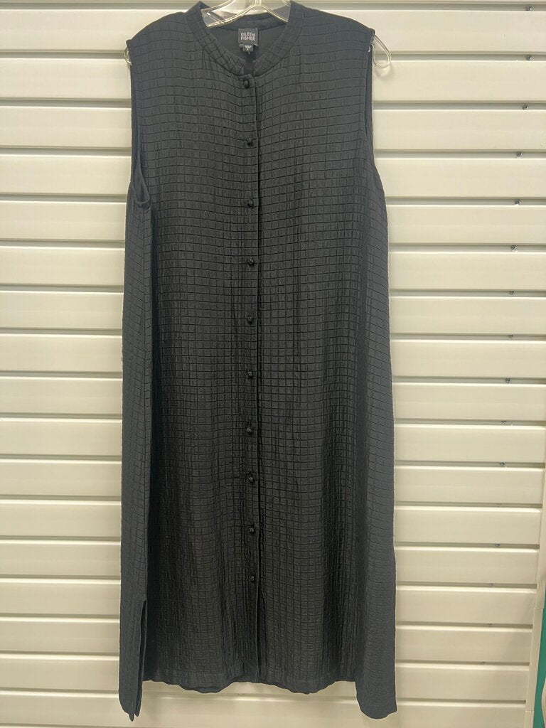Eileen Fisher Black Silk Linen Grid Long Vest Dress L