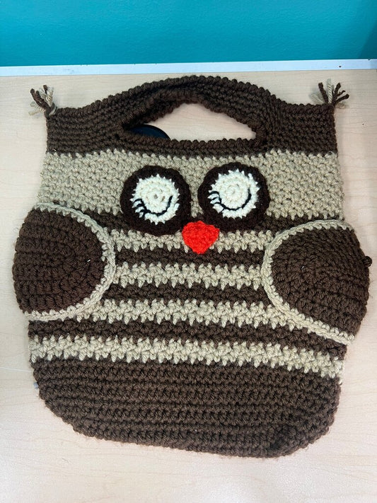 Handmade Crochet Brown Owl Tote Bag (Unlined)