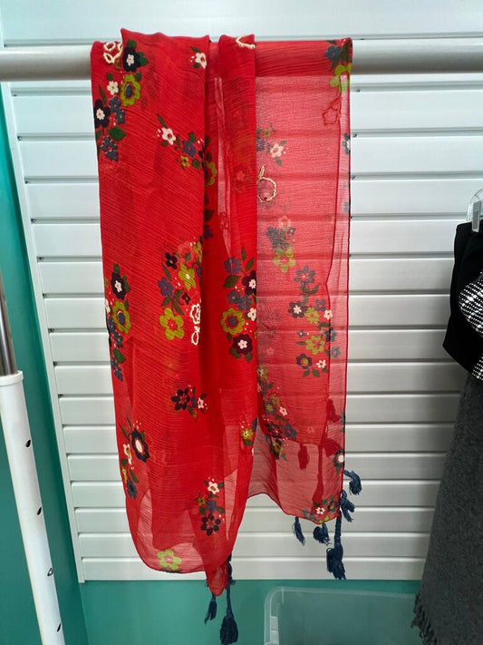 Sheer Floral Print Red Scarf w/ Tassels
