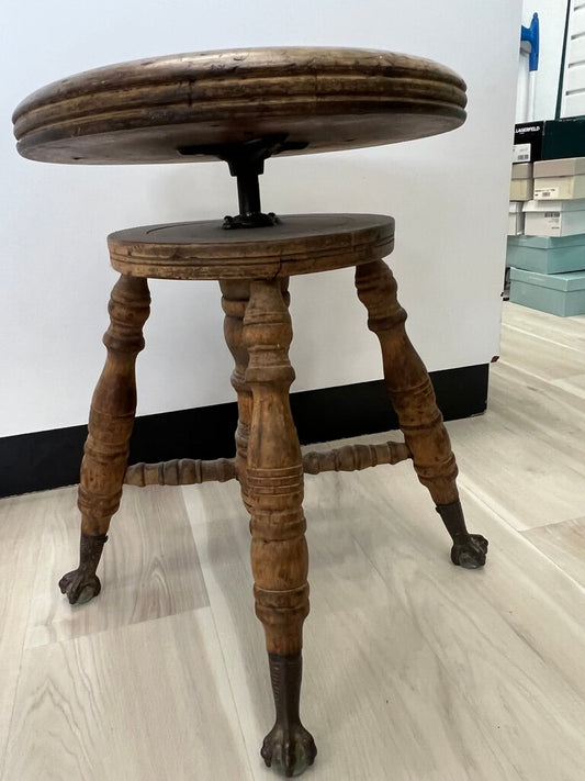Antique Oak Swivel Piano Stool Claw Feet As-Is