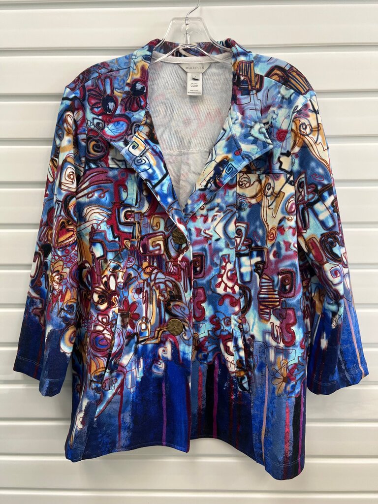 Multiples Women's Blue Abstract Art Print Stretch Cotton Jacket 3/4 Sleeve Wearable Art Size L