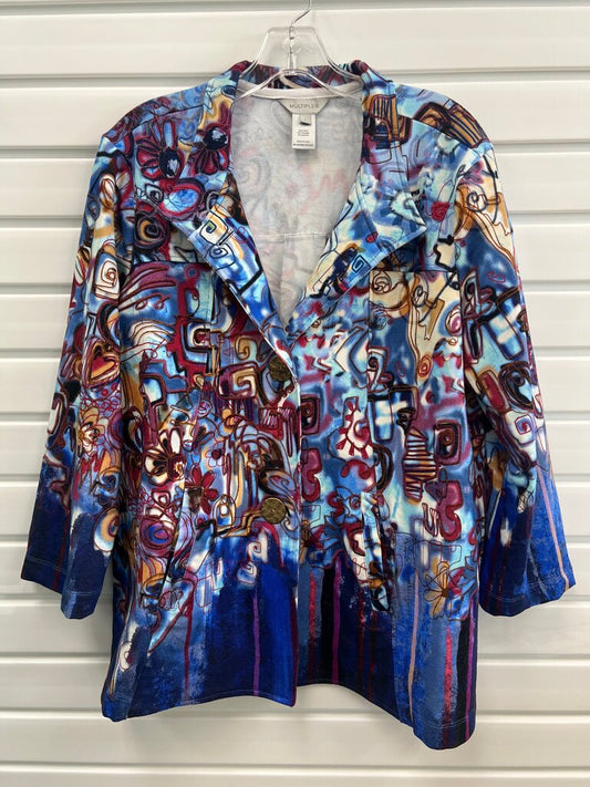 Multiples Women's Blue Abstract Art Print Stretch Cotton Jacket 3/4 Sleeve Wearable Art Size L